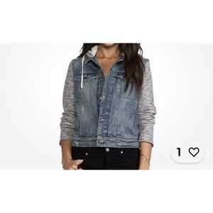 FREE PEOPLE Women's DENIM AND KNIT HOODED JACKET Size L Distressed